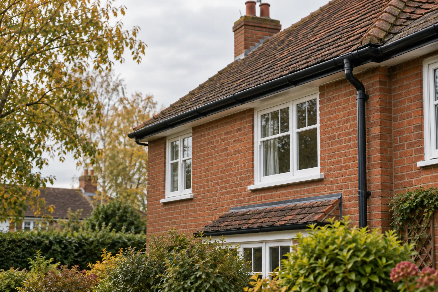 Tiled roof and guttering on a brick home