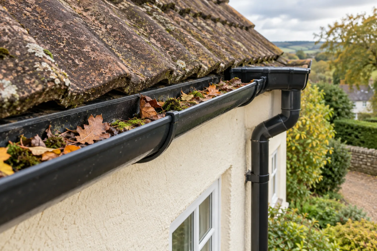 Close view of leaves collected inside a rain gutter beside roof tiles